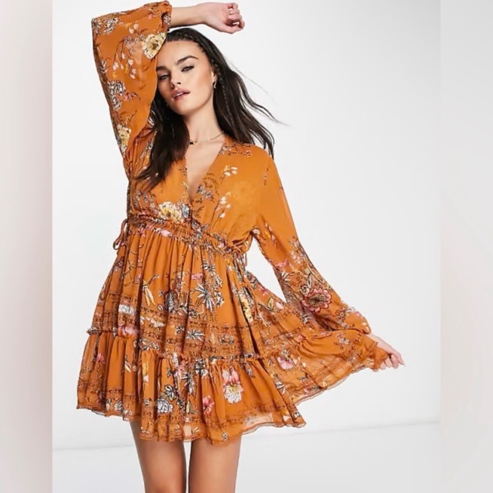 Free People Cherry Blossom Floral Long Sleeve Dress in Mustard